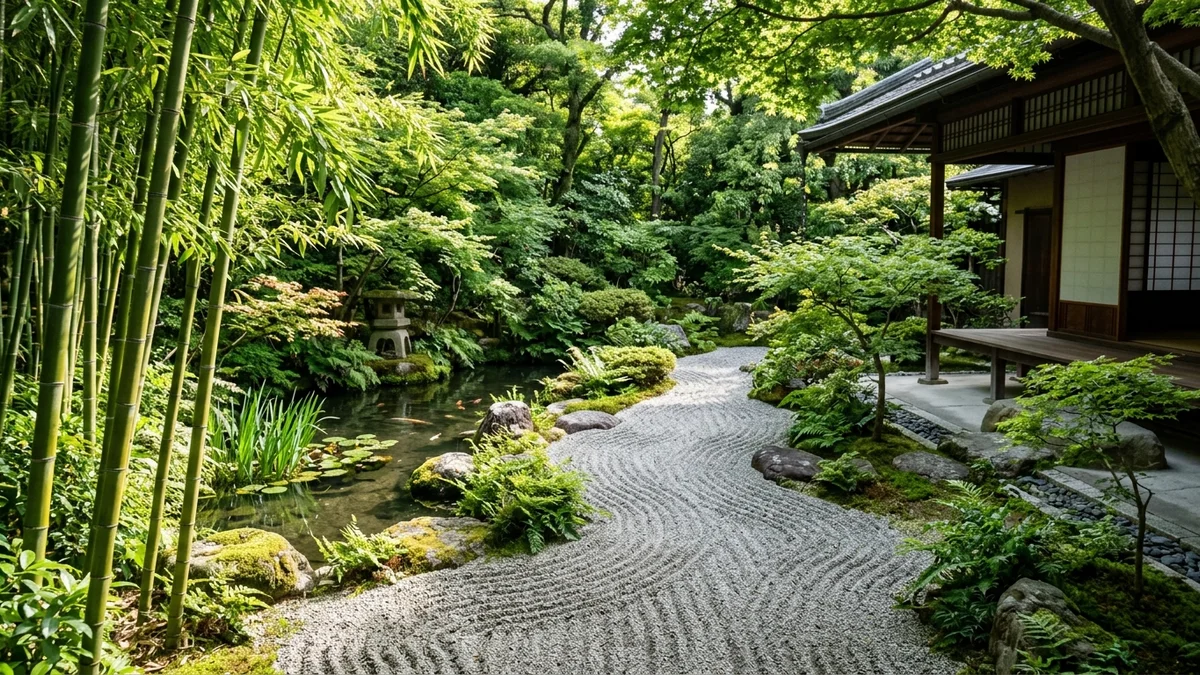 A serene zen garden with a pond and bamboo trees