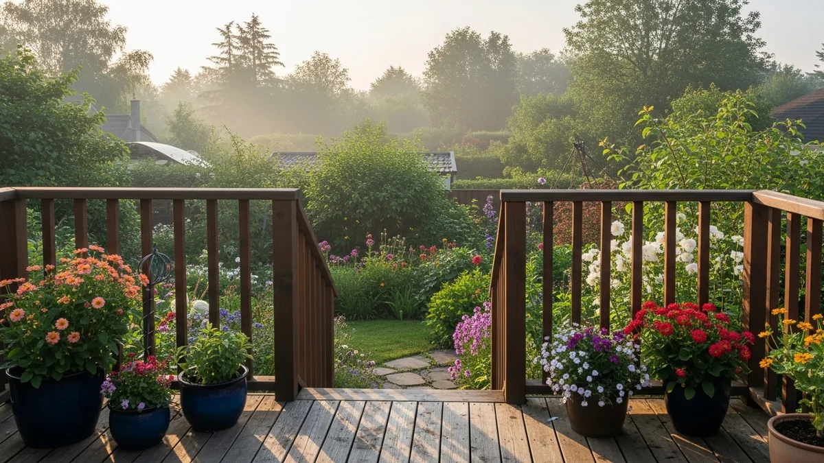 A backyard with a wooden deck and a garden full of blooming flowers