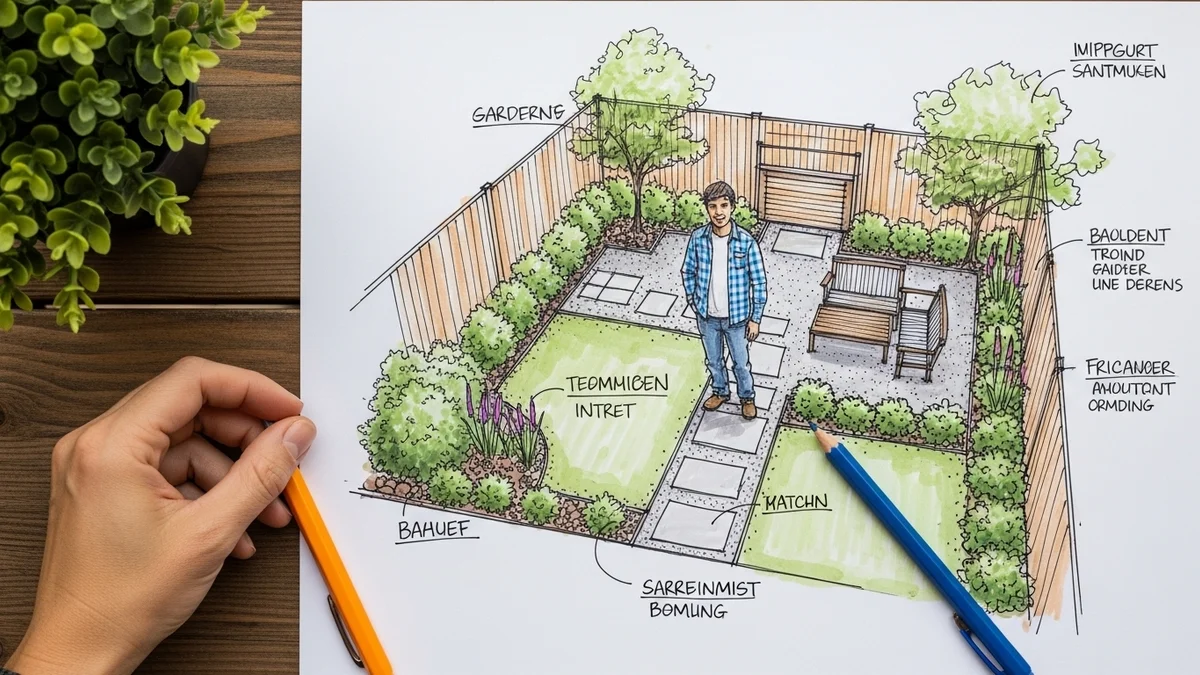 A hand-drawn sketch of a backyard transformation layout