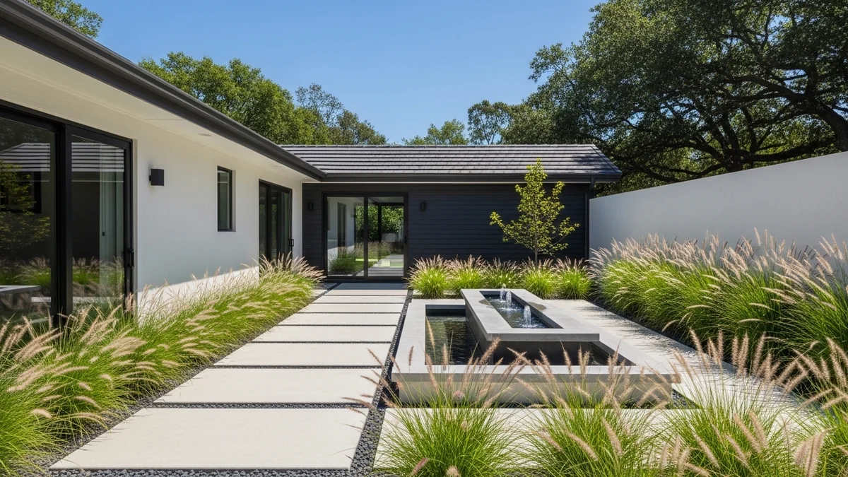 Modern backyard with concrete pavers and a minimalist water feature