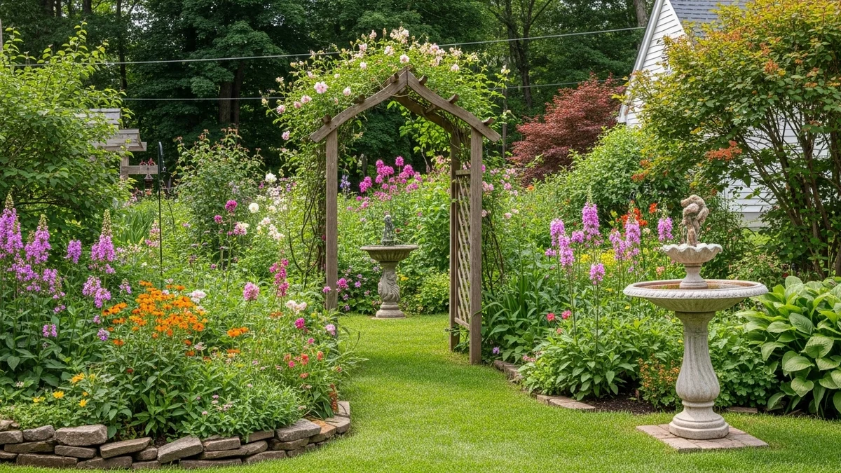 Cottage-style garden with a wooden arbor and vintage birdbath