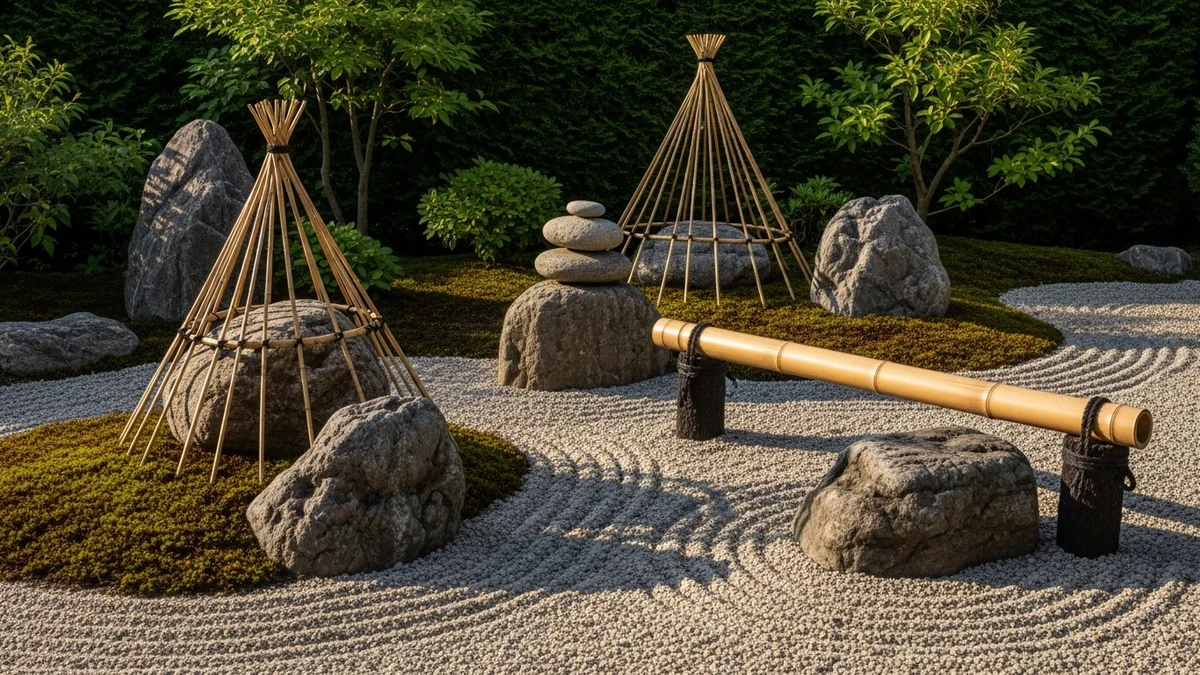 Zen garden with rocks, bamboo, and a gravel path