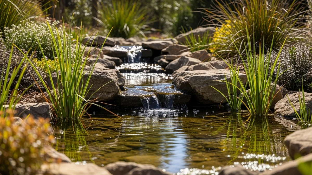 Natural water feature surrounded by native plants and rocks