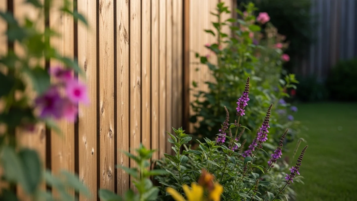 A close-up view of a wooden fence with vibrant plants