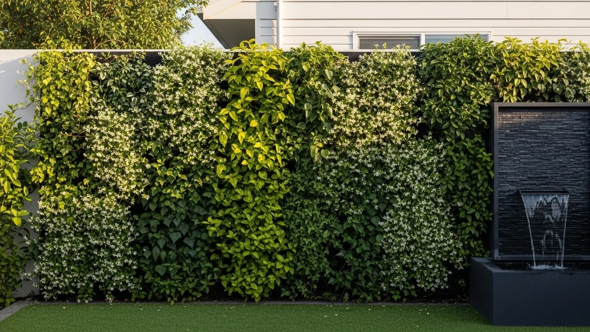 A living wall with ivy and jasmine in a backyard
