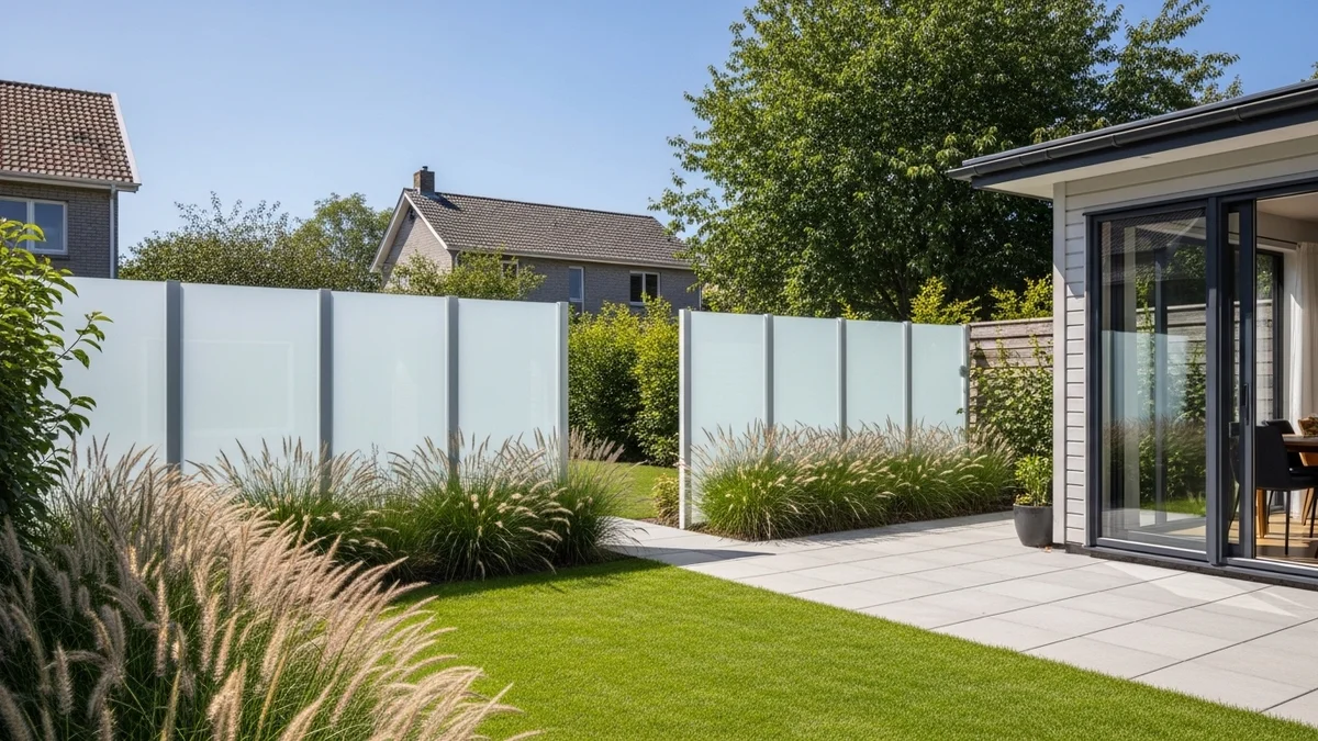 A backyard with modern frosted glass fence panels