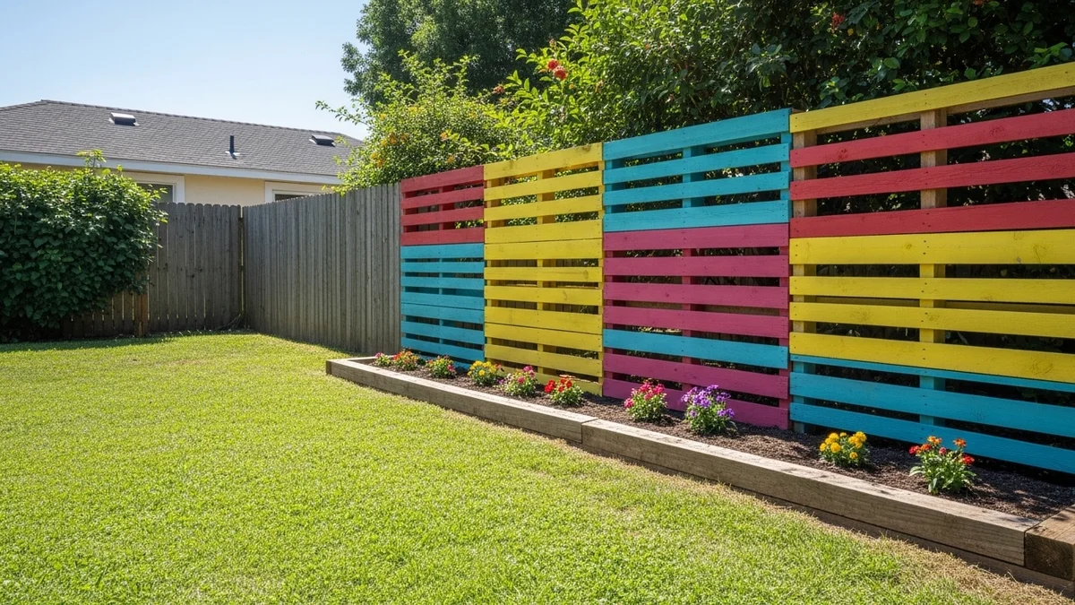 A colorful DIY pallet fence in a backyard