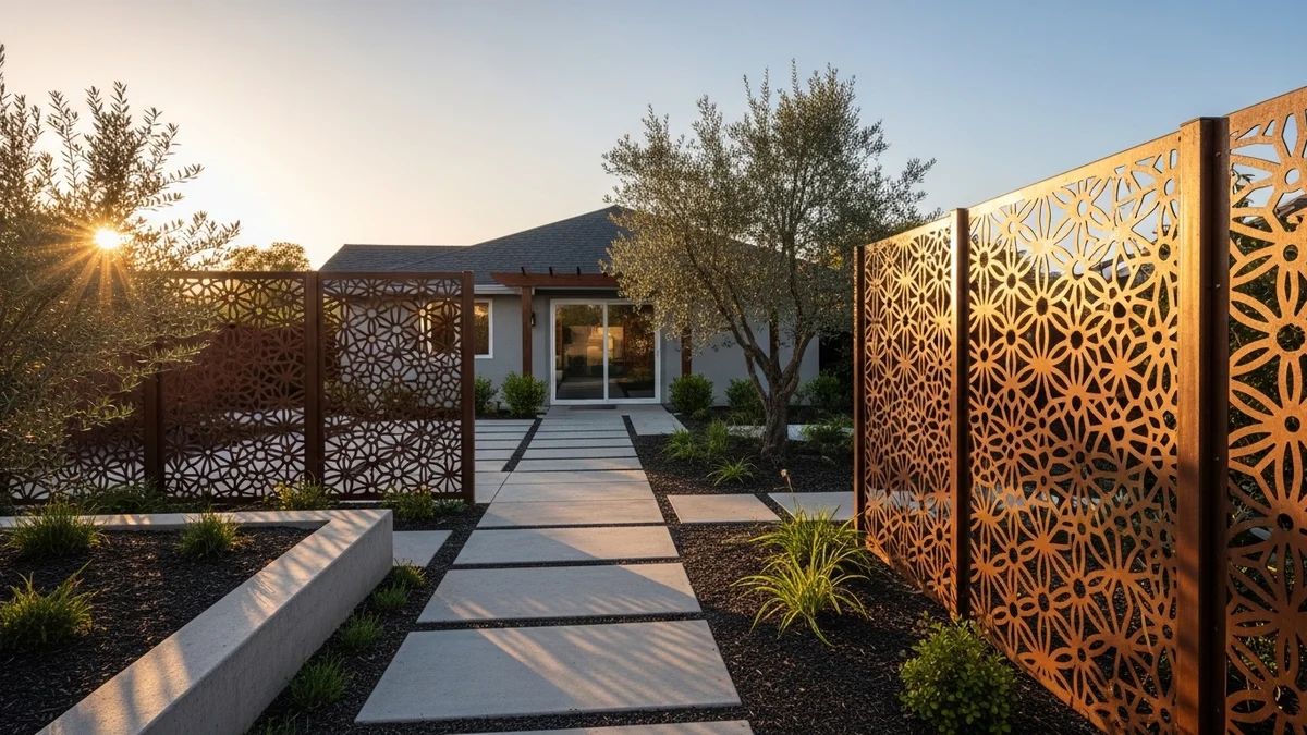 A yard with laser-cut metal panels and minimalist garden