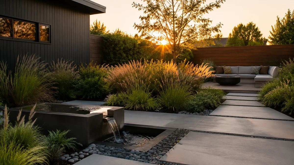 Modern backyard design with concrete pavers and ornamental grasses