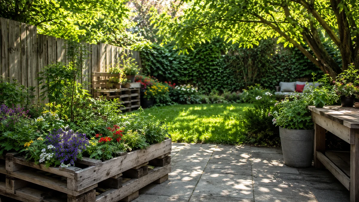 Budget-friendly backyard with DIY pallet planters and colorful flowers