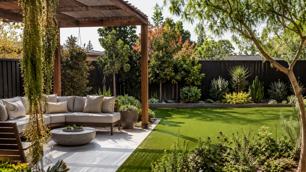 Low-maintenance backyard with artificial turf and native plants