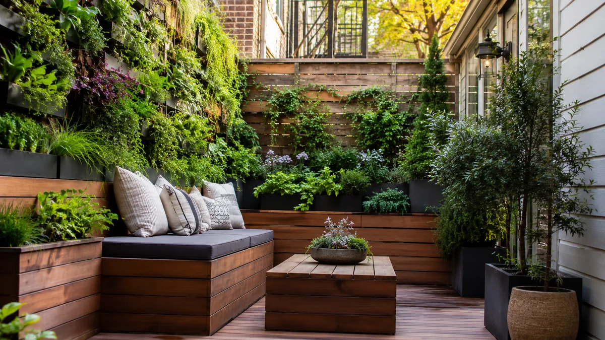 Small backyard with vertical garden and tiered planters