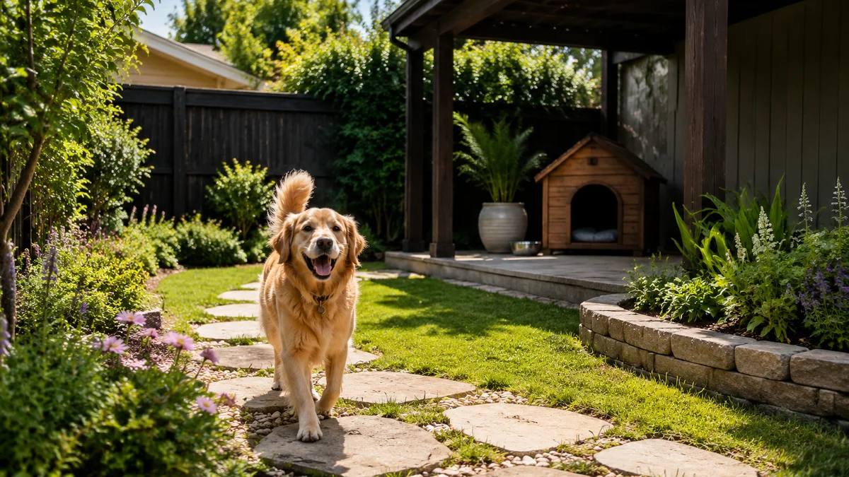 Dog-friendly backyard with shaded area and durable surfaces