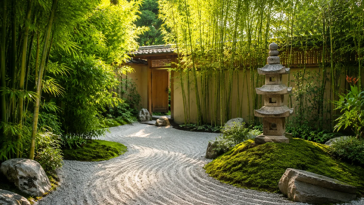 Zen garden with raked gravel, bamboo, and a stone pagoda