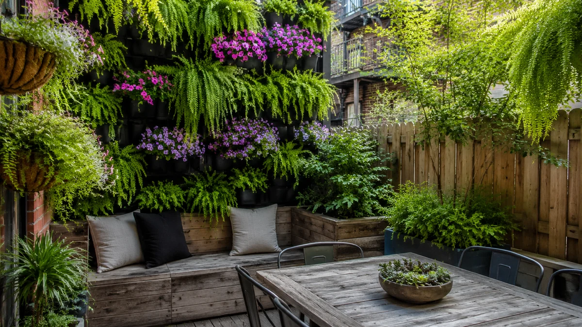 Small urban backyard with vertical garden and cozy seating