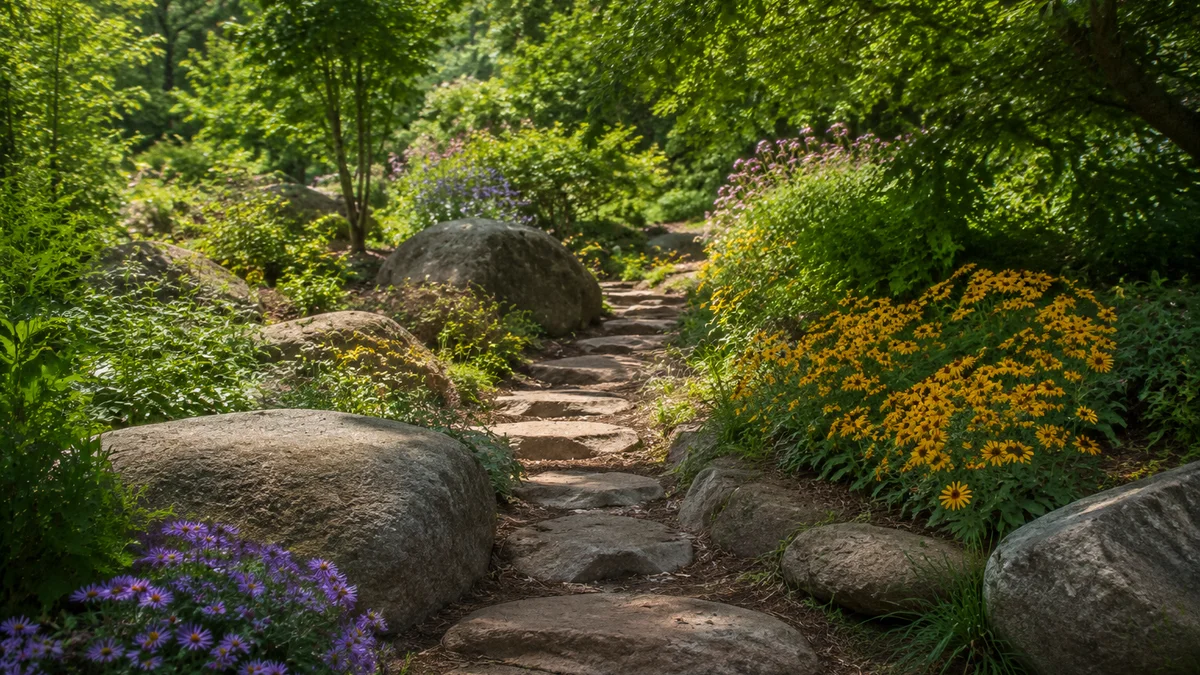 Stone pathway with boulders and wildflowers in a garden