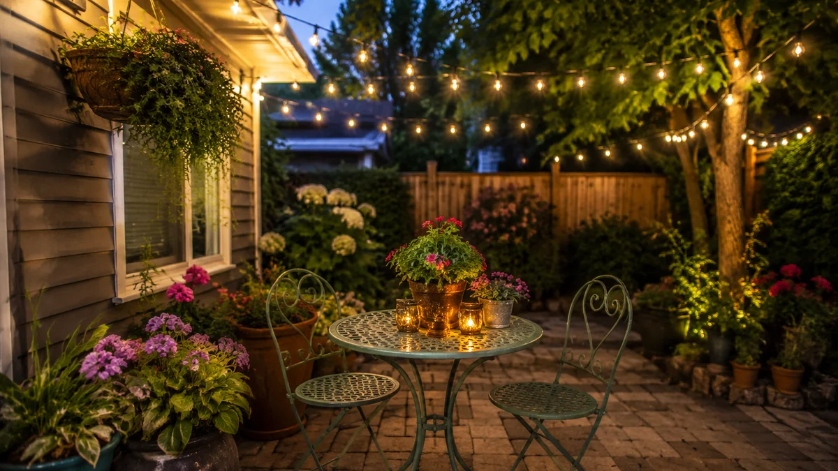 Backyard patio with fairy lights and vintage bistro set at dusk