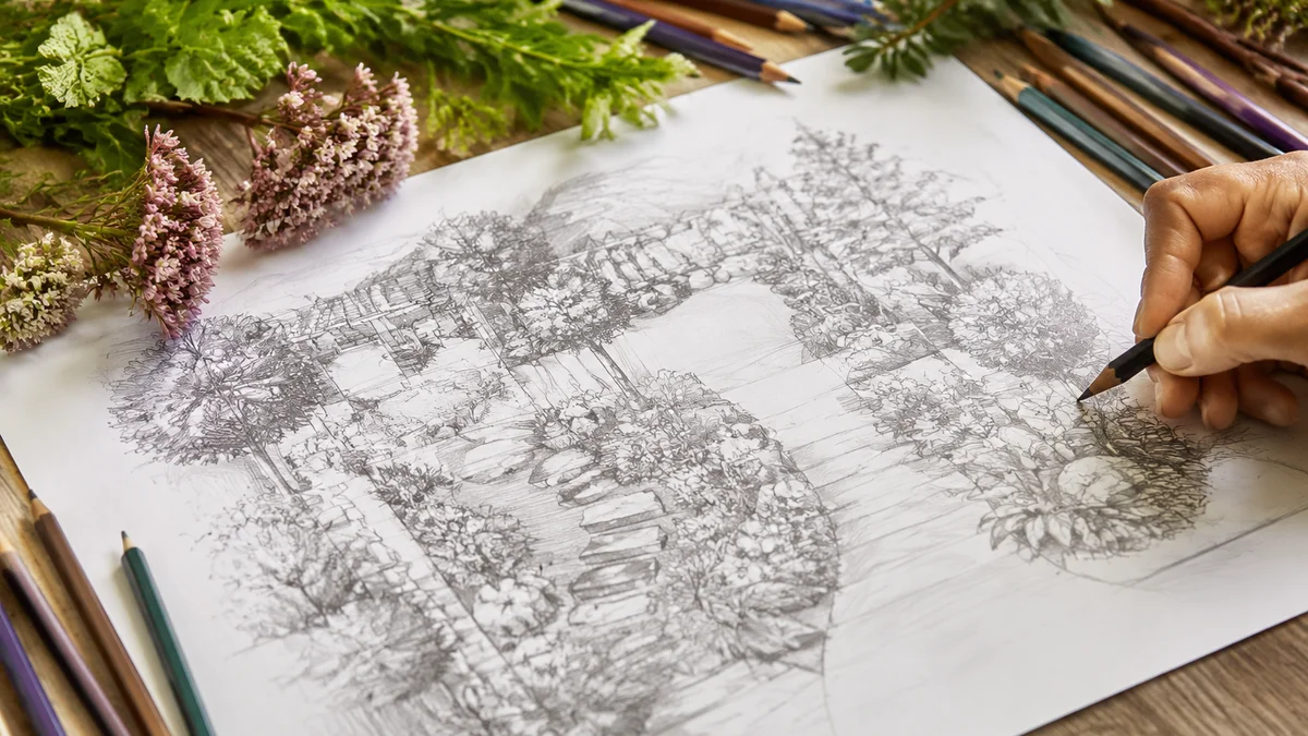 Hand-drawn landscaping sketch with plant samples