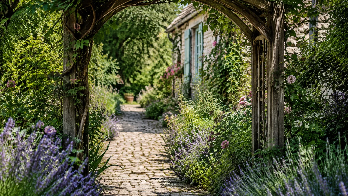 Wooden garden arch in a cottage-style garden with lavender and wildflowers