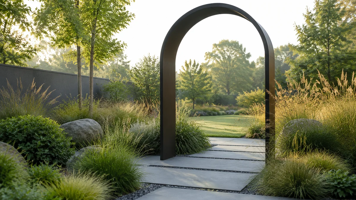 Modern garden with a sleek metal arch, concrete pavers, and ornamental grasses