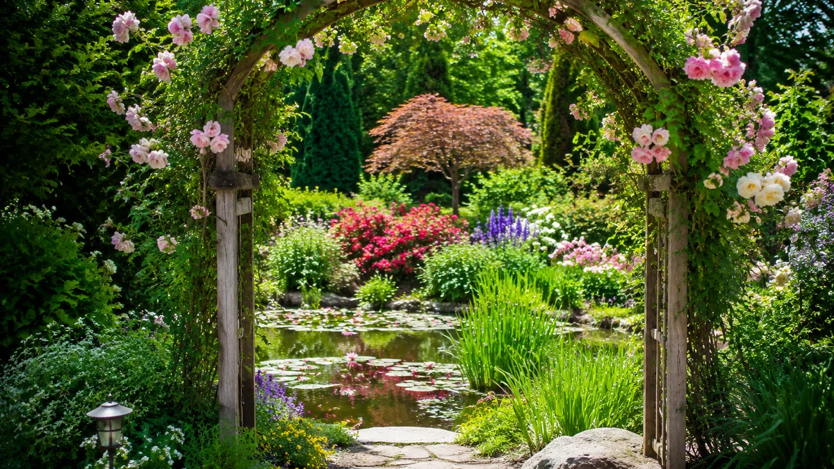 Garden arch framing a view of a pond with water lilies and colorful flowers