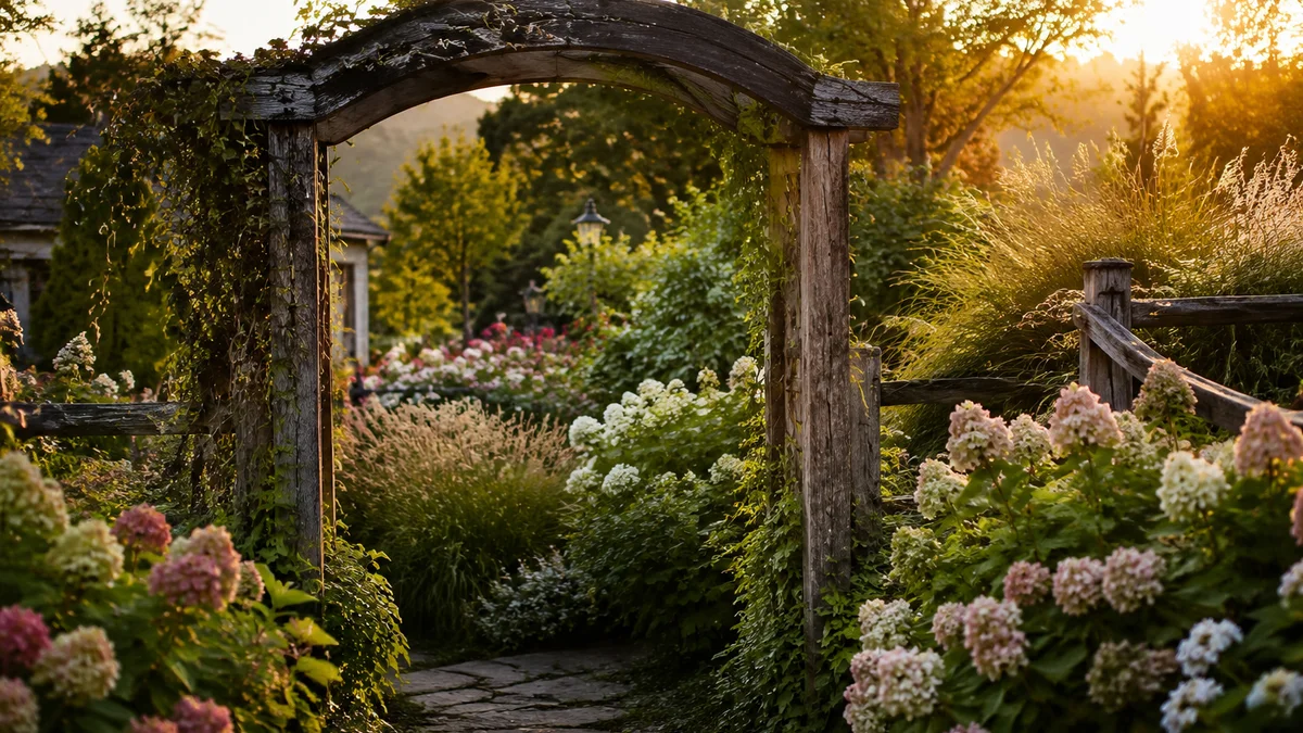 Rustic wooden garden arch with hydrangeas and ornamental grasses