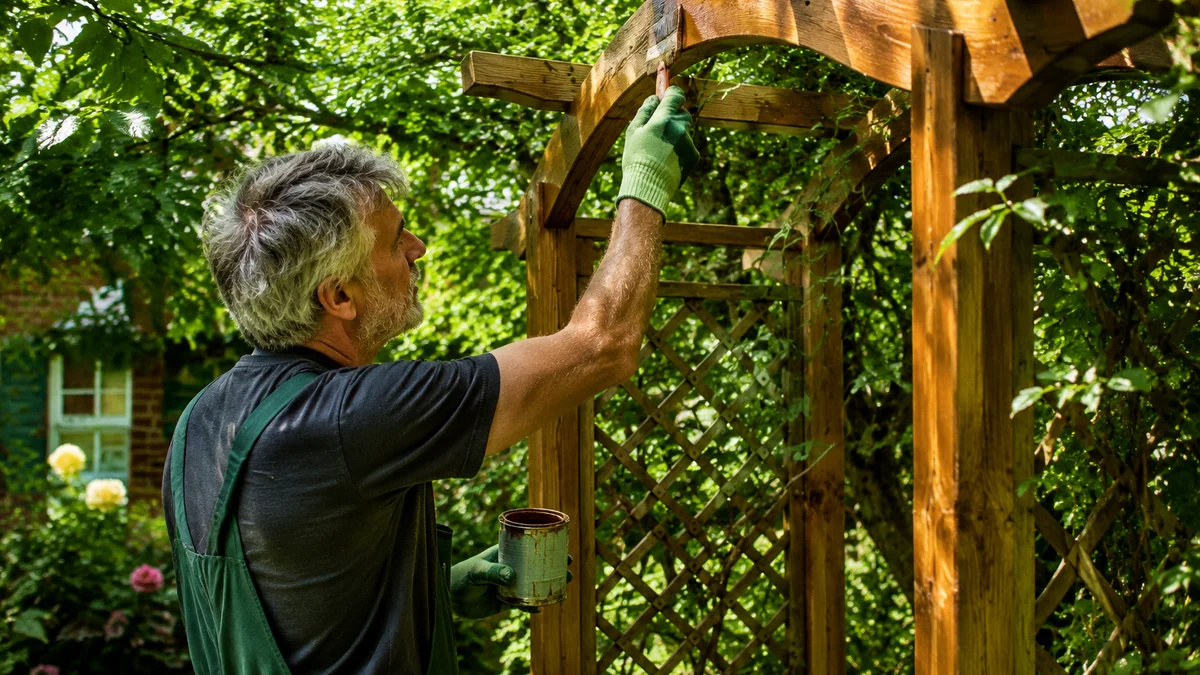 Gardener maintaining a wooden garden arch with climbing plants
