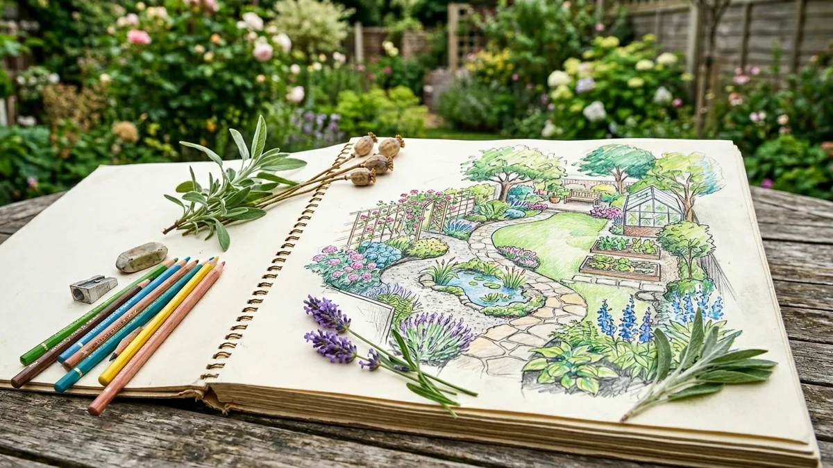 A gardener's hand-drawn landscape design sketch with colored pencils and plant samples.