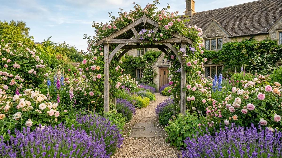 A cottage garden with blooming roses and a rustic wooden arbor in morning light.