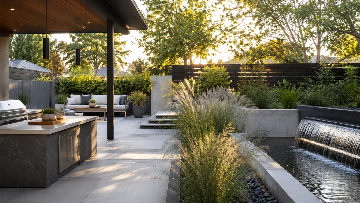 A modern marvel backyard with clean lines and minimalist design.