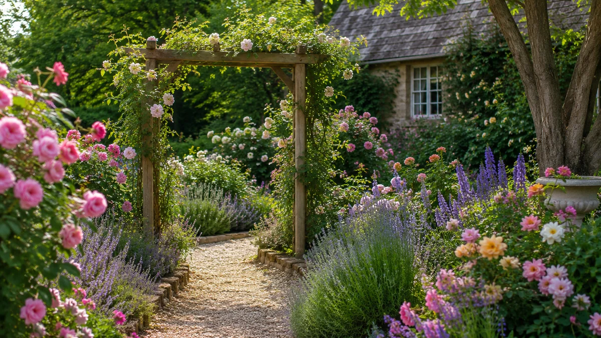 Cottage charm with overflowing flower beds and a rustic arbor.