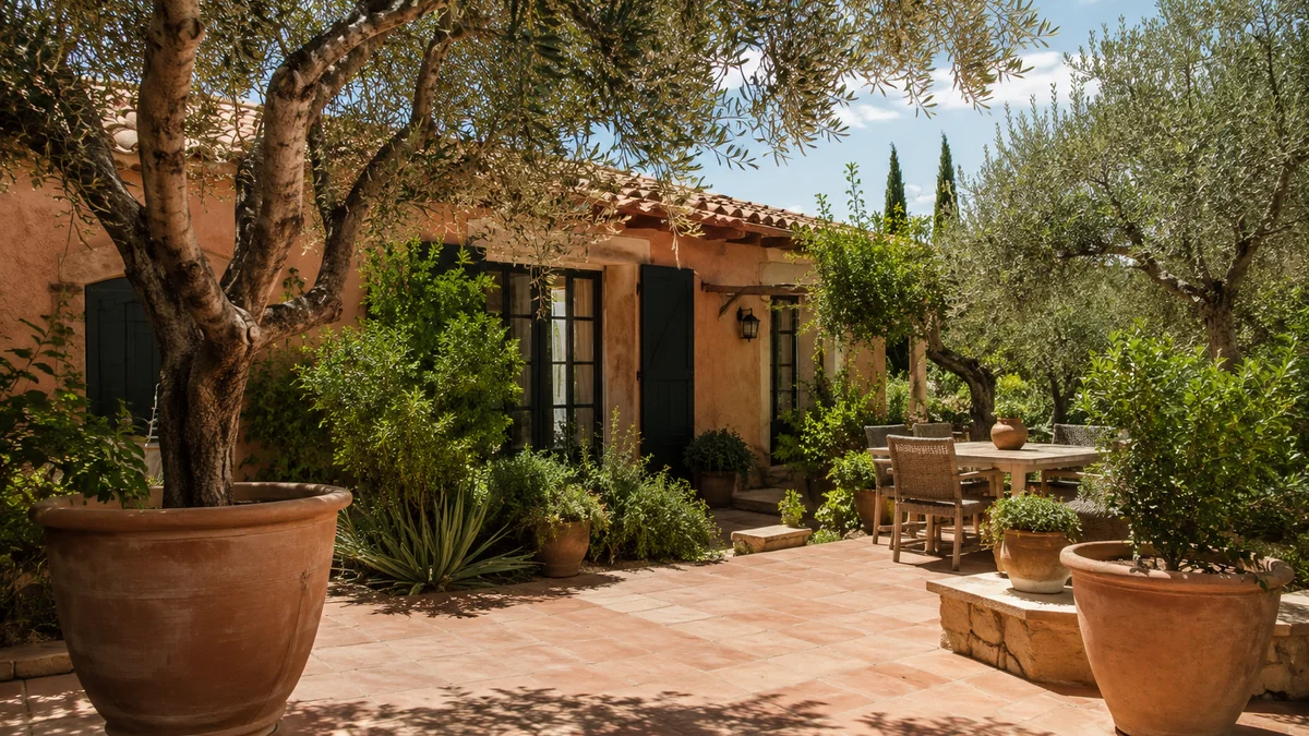 Mediterranean escape with sun-drenched patio and olive trees.