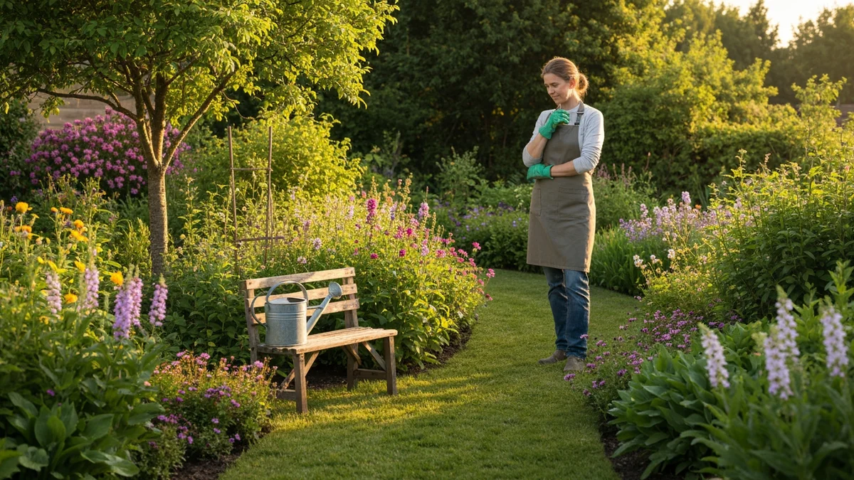 A gardener enjoying a peaceful moment in a blooming garden, representing the tranquility of modern garden centers.