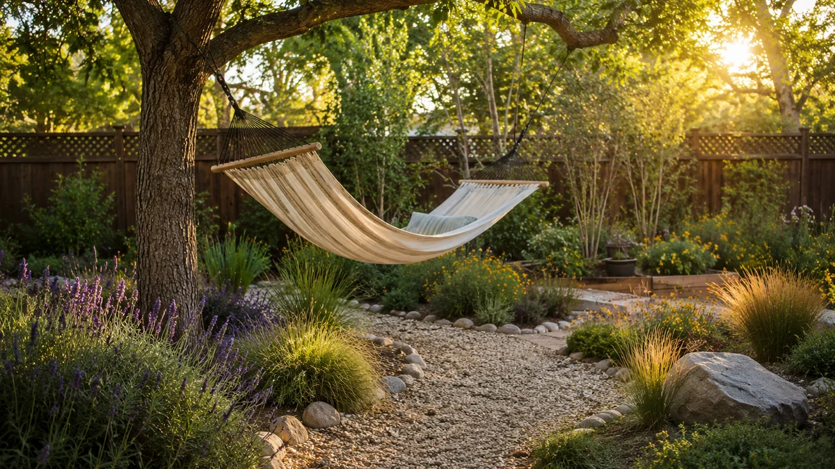A peaceful backyard with a hammock and native plants.