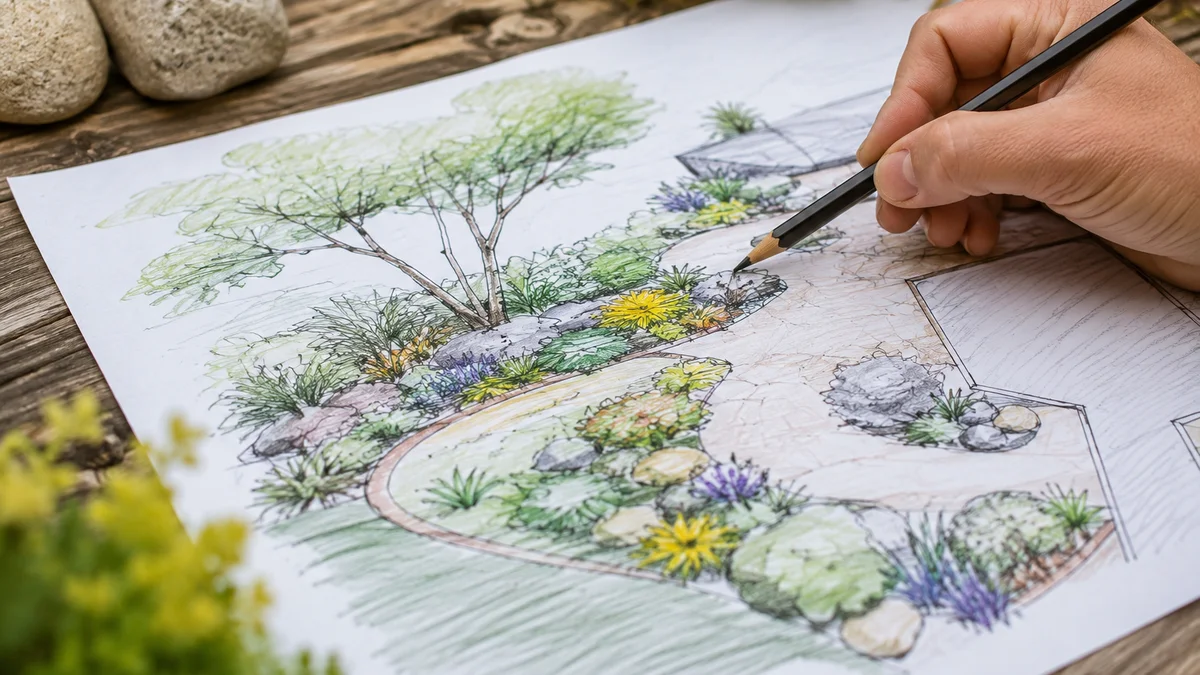 A gardener's sketch of a low maintenance landscape design.