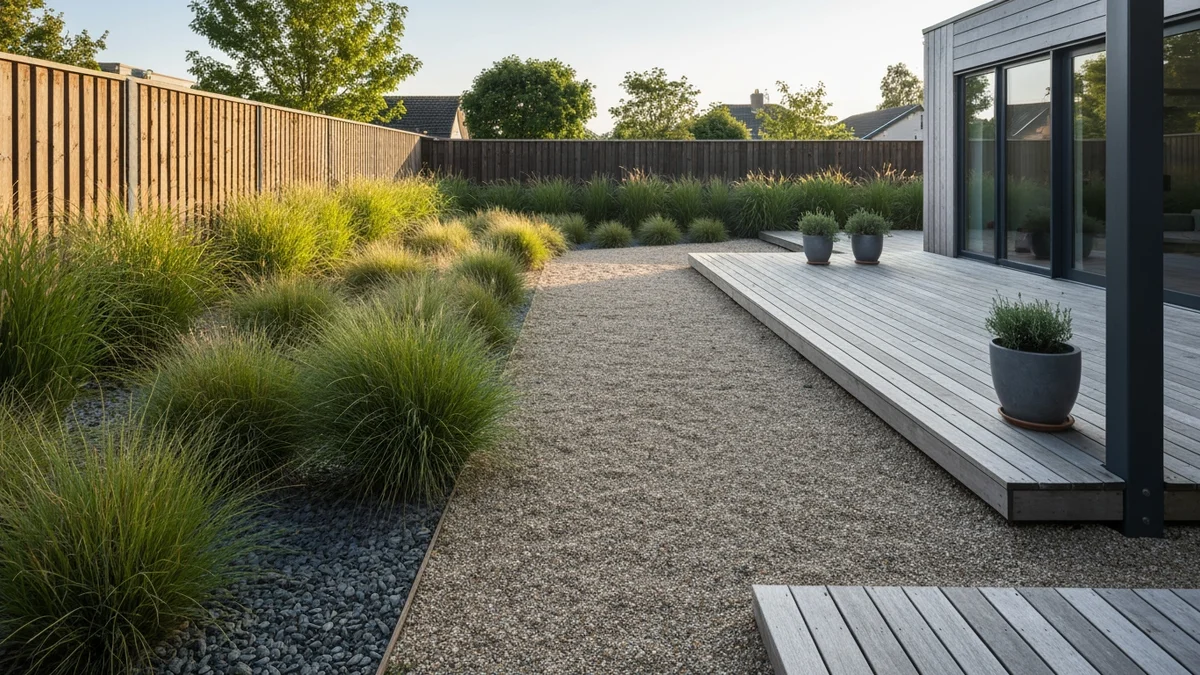 Modern backyard with gravel paths and a wooden deck