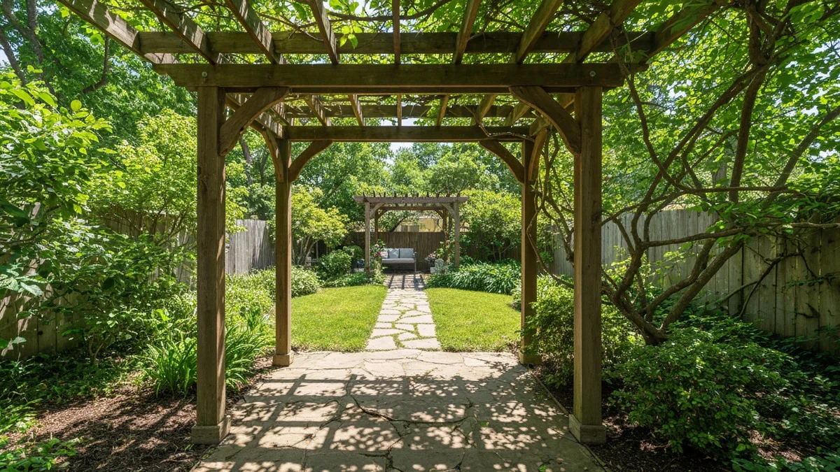 Backyard with a stone path and wooden pergola