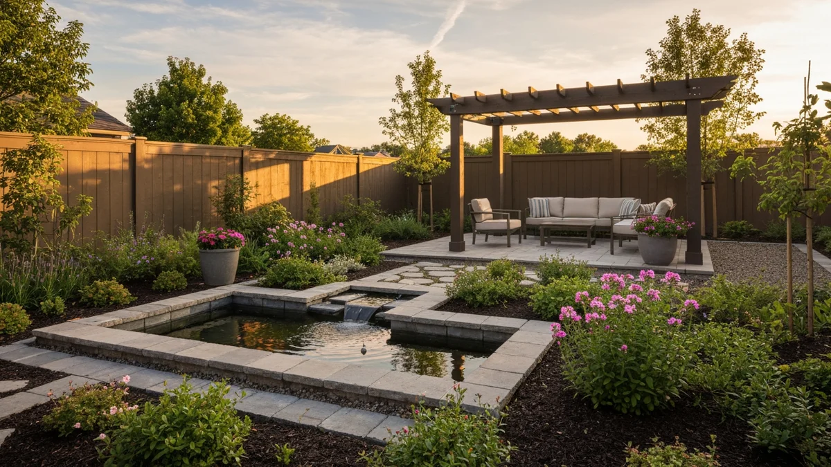 Transformed backyard with water feature and seating area