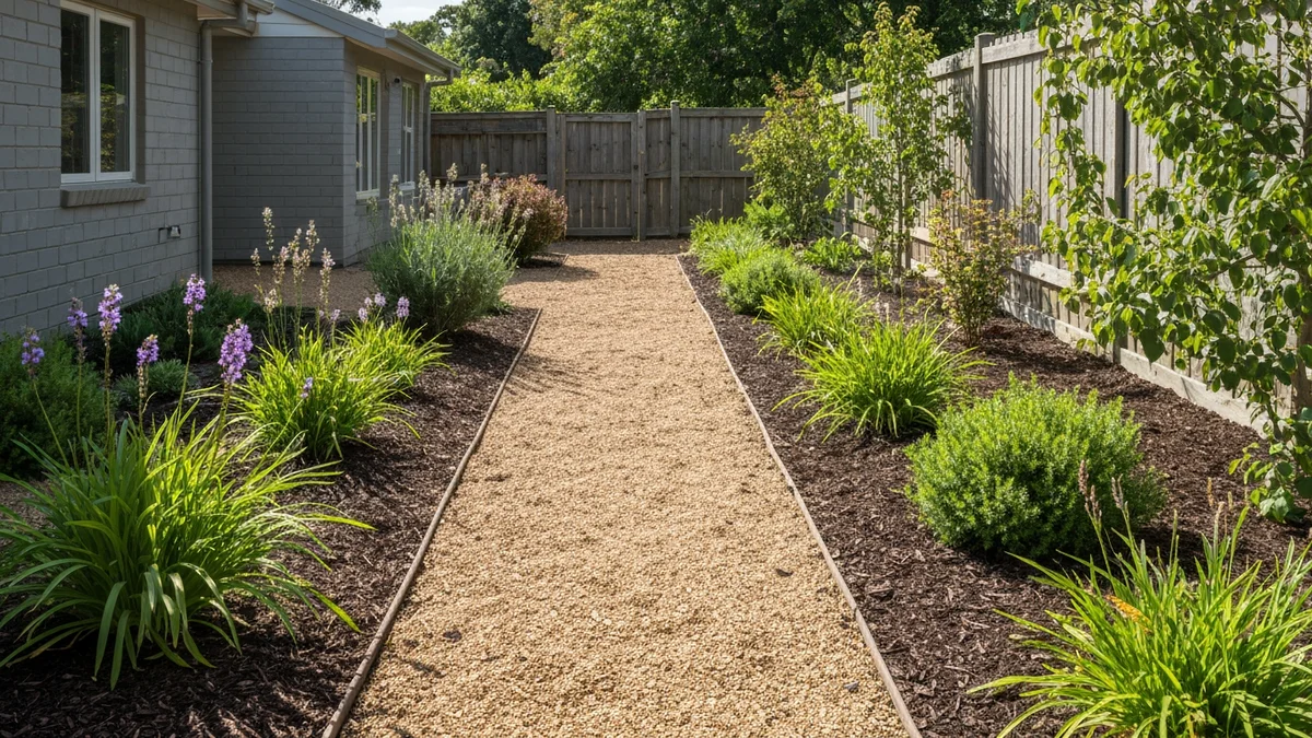 Backyard with mulch paths and native plants