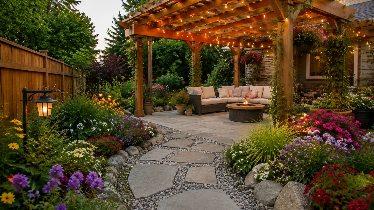 A rustic yet modern backyard with a wooden pergola, string lights, and vibrant flowers.