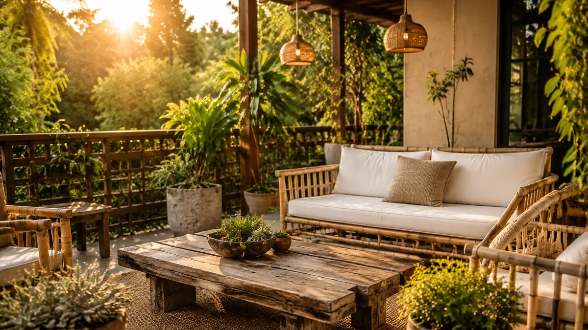 An outdoor patio with sustainable decor like bamboo furniture and reclaimed wood.
