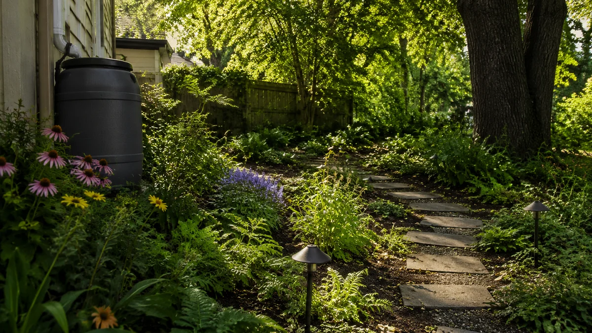 A yard with solar lights, native plants, and a rainwater barrel.