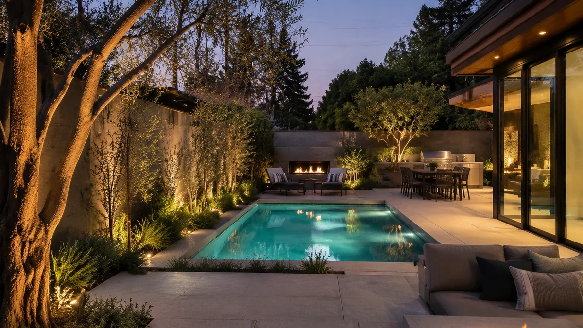 A modern backyard with a small pool, minimalist landscaping, and ambient lighting.