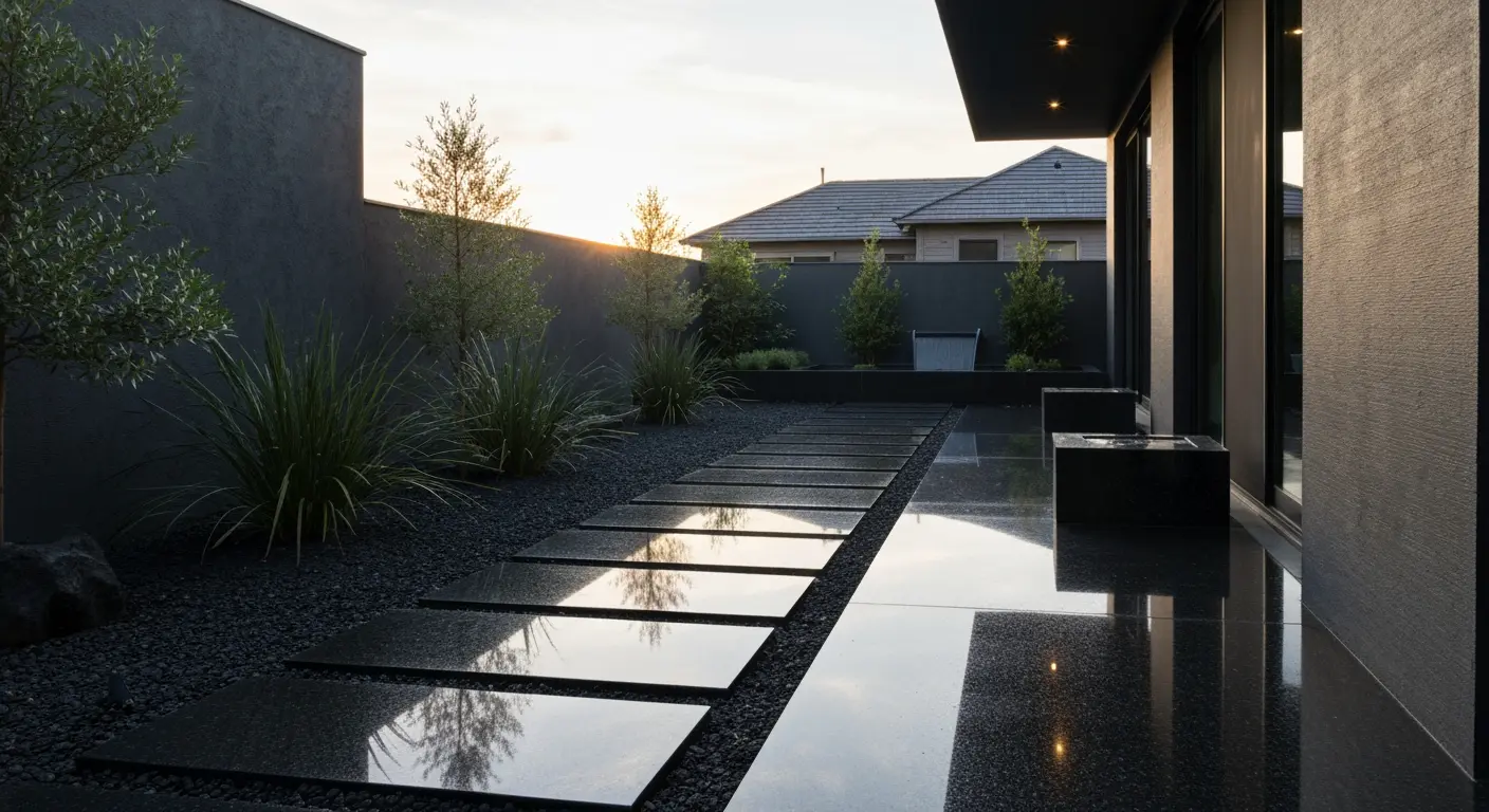 Modern backyard with polished granite stones and minimalist design.