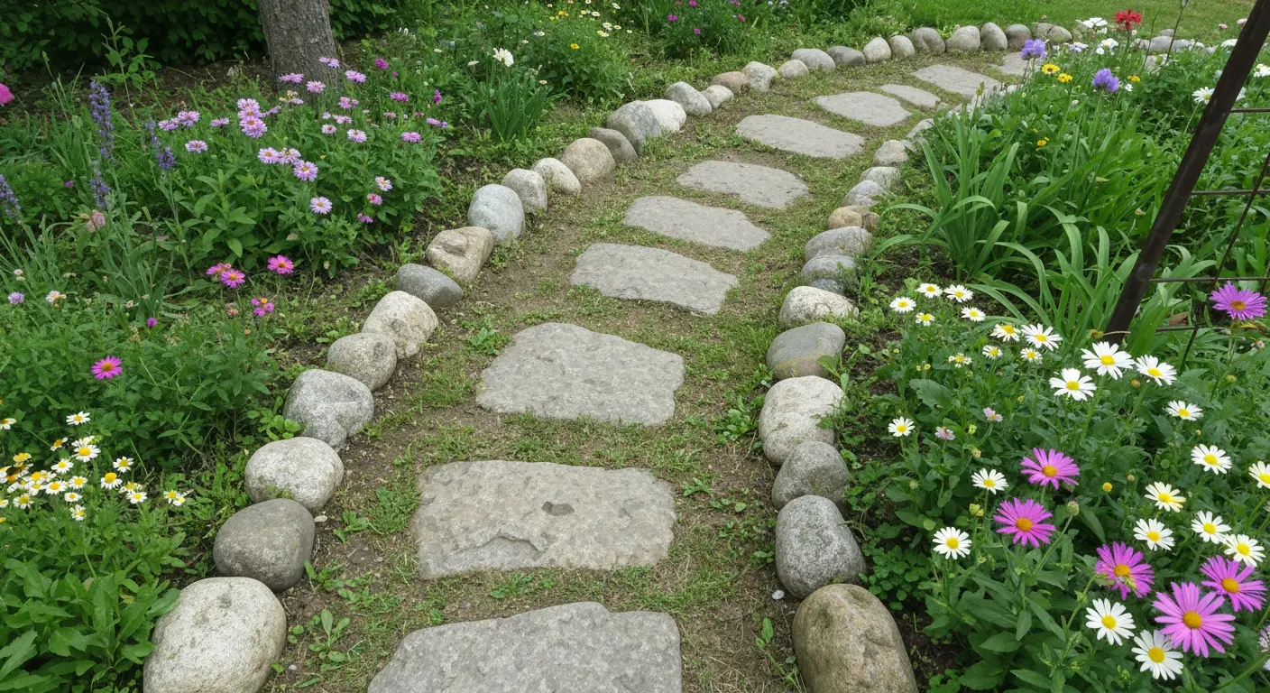 Rustic garden path with natural stones and wildflowers.