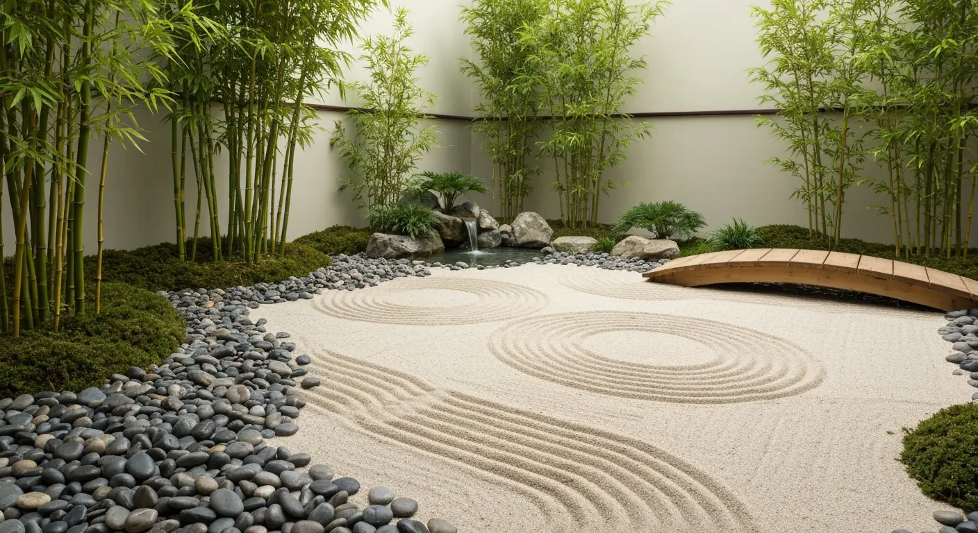 Zen garden with pebbles, sand patterns, and a water feature.