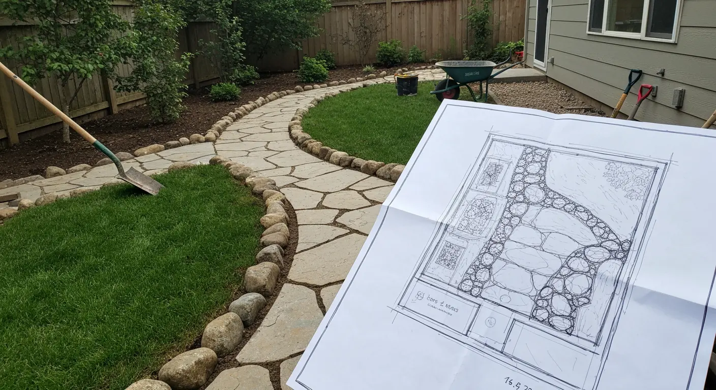 Backyard being landscaped with rocks and a layout plan.
