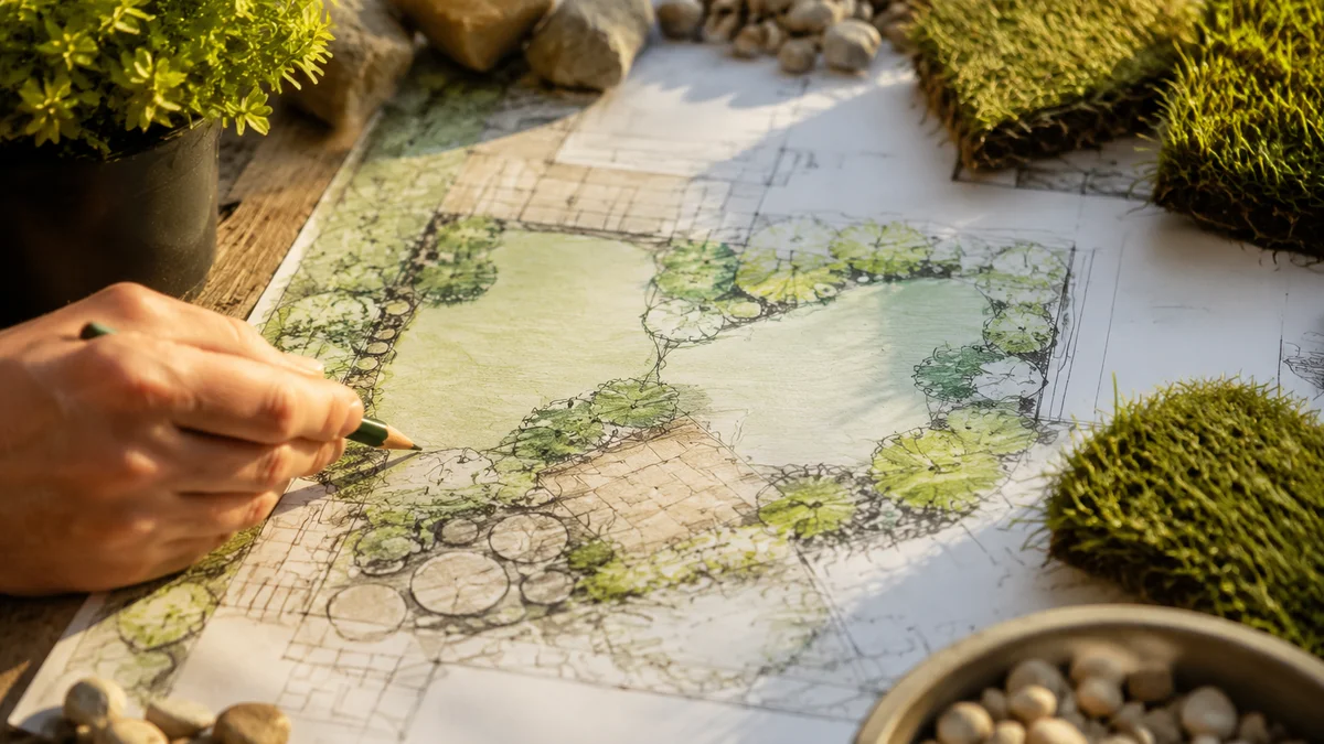 A hand-drawn landscaping plan with physical plant samples and stones