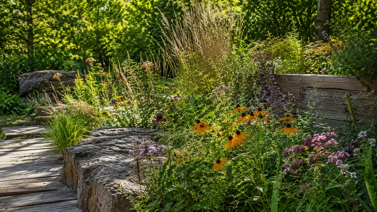 A sustainable garden with native plants and eco-friendly materials in dappled shade