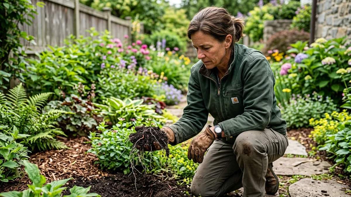 A landscaper examining rich garden soil with healthy roots